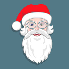 Santa Claus face with beard, eyeglasses and hat. Christmas cartoon character. Winter holiday. Vector illustration. Useful for sticker, icon, banner, card, print, badge. 