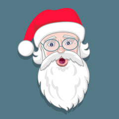 Santa Claus face with beard, eyeglasses and hat. Christmas cartoon character. Ho ho ho. Winter holiday. Vector illustration. Useful for sticker, icon, banner, card, print, badge. 