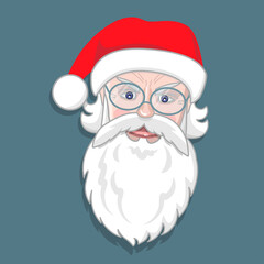 Santa Claus face with beard, eyeglasses and hat. Christmas cartoon character. Winter holiday. Vector illustration. Useful for sticker, icon, banner, card, print, badge. 