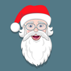 Santa Claus face with beard, eyeglasses and hat. Christmas cartoon character. Winter holiday. Vector illustration. Useful for sticker, icon, banner, card, print, badge. 