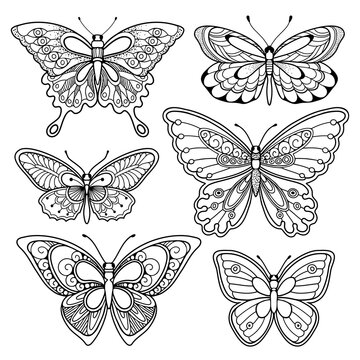 Butterflies design elements set in doodle style.