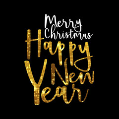 merry christmas and happy new year greeting card, golden lettering,  vector illustration 