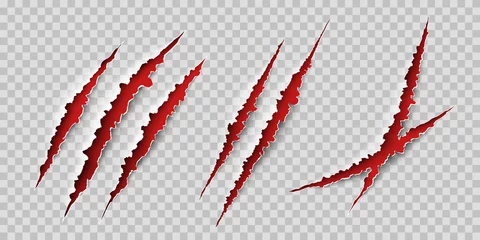 Fotobehang Claws scratches. Wild animal claws scratch texture with red background. Horror, thriller , halloween monster vector scratched marked isolated © Maxim