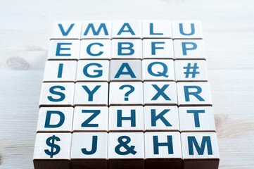 Wooden cubes. 3d figures. Alphabet children's designer.