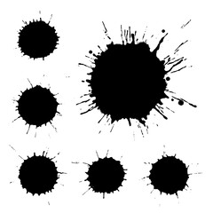 Grunge splatter. Liquid stains. Set of black ink blots. Black ink spots, texture of paint spots