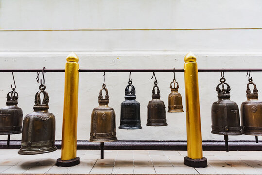 A row of Big brass bell in the temple.