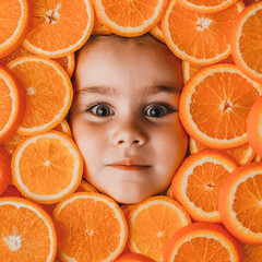 Face of a little beautiful girl close up on a background of sliced orange. The concept of a healthy lifestyle for children in a pattern of fruits.