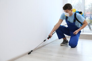 Pest control worker spraying pesticide in room. Space for text