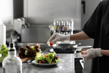 Female chef cooking tasty food in restaurant kitchen, closeup