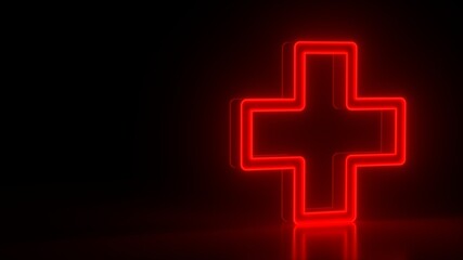 Futuristic glowing red neon medical cross symbol on black dark background with blurred reflection. Elements of medical set. 3d rendering