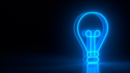 Glowing blue light bulb symbol on black dark background. Sign, neon lights. Idea, creativity concept. 3d rendering.