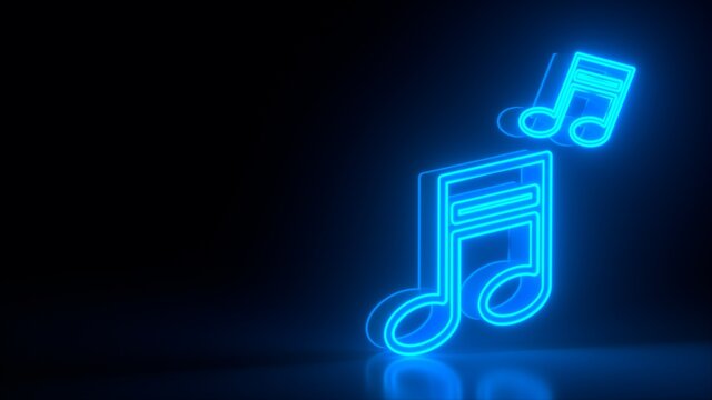 Futuristic glowing blue neon musical notes symbol on black dark background with blurred reflection. Isolated. Music and sound concept. Night bright sign, colorful billboard, light banner. 3d rendering