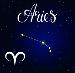 Obraz na płótnie Canvas Vector hand drawn illustration of Aries with lettering Astrology latin names, Horoscope Constellation and Zodiac sign on space background. Calligraphic inscription.