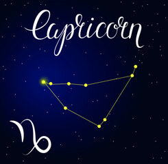 Fototapeta na wymiar Vector hand drawn illustration of Capricorn with lettering Astrology latin names, Horoscope Constellation and Zodiac sign on space background. Calligraphic inscription.