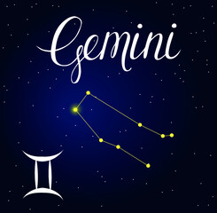 Fototapeta na wymiar Vector hand drawn illustration of Gemini with lettering Astrology latin names, Horoscope Constellation and Zodiac sign on space background. Calligraphic inscription.