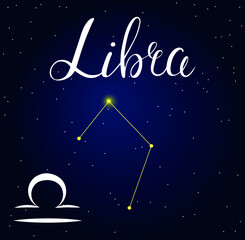 Fototapeta na wymiar Vector hand drawn illustration of Libra with lettering Astrology latin names, Horoscope Constellation and Zodiac sign on space background. Calligraphic inscription.