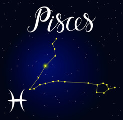 Fototapeta na wymiar Vector hand drawn illustration of Pisces with lettering Astrology latin names, Horoscope Constellation and Zodiac sign on space background. Calligraphic inscription.