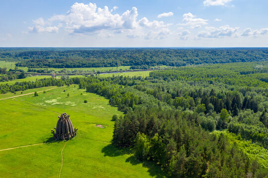 Aerial view of Nikola-Lenivets park and Ugra river valley. Ugra national park, Kaluga oblast, Russia.