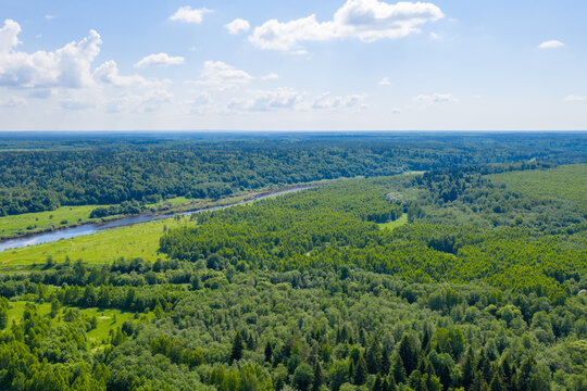 Aerial view of Ugra river and Ugra national park. Kaluga oblast, Russia.