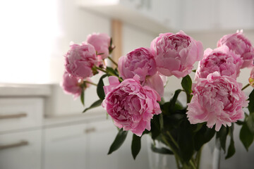 Bouquet of beautiful fresh pink peonies indoors, closeup