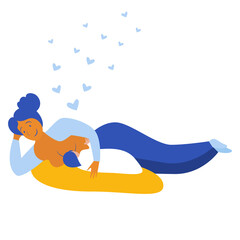 Breastfeeding position. Mother feeds baby with breast. Comfortable pose. Flat design vector illustration of breastfeeding concept. Colorful cartoon character mother feeding baby.

