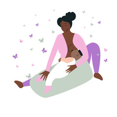 Breastfeeding position. Mother feeds baby with breast. Comfortable pose. Flat design vector illustration of breastfeeding concept. Colorful cartoon character mother feeding baby.

