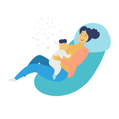 Breastfeeding position. Mother feeds baby with breast. Comfortable pose. Flat design vector illustration of breastfeeding concept. Colorful cartoon character mother feeding baby.

