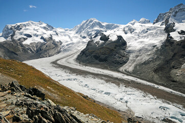 Monte Rosa and Liskamm behind the mighty Gorner glacier in Zermatt.