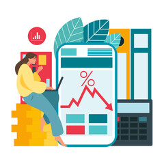 Economic crisis concept, stock market graph falling, money loss. Vector illustration in flat style

