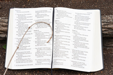 Holy Bible open with small staff on top. Highlighting Psalm 23. Outdoors on stair step. Horizontal shot.