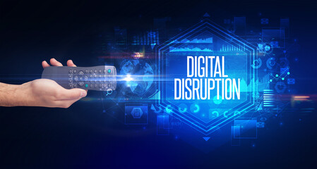 hand holding wireless peripheral with DIGITAL DISRUPTION inscription, cyber security concept