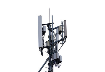 Telecommunication tower of 4G and 5G cellular. Base Station or Base Transceiver Station. Wireless Communication Antenna Transmitter. Telecommunication tower with antennas isolated on white background.