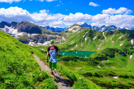 Lake Schrecksee - A beautiful turquoise alpine lake in the Allgaeu alps near Hinterstein, hiking destination in Bavaria, Germany