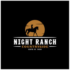 Equestrian Female Woman Cowboy Riding Horse Silhouette at Sunset Sun / Moon logo design illustration