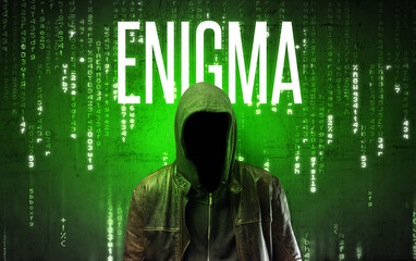 Faceless hacker with ENIGMA inscription, hacking concept