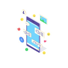 Isometric mobile phone internet concept smartphone online social media communication sms flat vector illustration