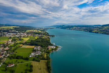 Fototapeta na wymiar Aerial view of the lake on a beautiful summer day