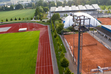 Aerial view of tennis court and stadium