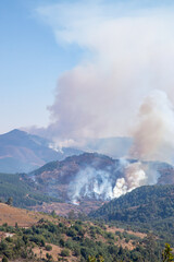 wildfires with mountain and dry grass road leading to fire with smoke