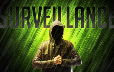 Mysterious man with SURVEILLANCE inscription, online security concept