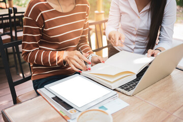 Tutor book Asian young woman sitting pointed studying examine with friends student campus help...