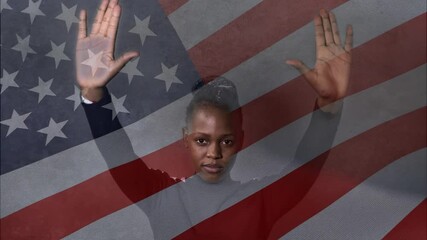 stop racism composite with USA flag - young black activist girl protesting against government - outraged hipster African American woman demanding stop racial discrimination 