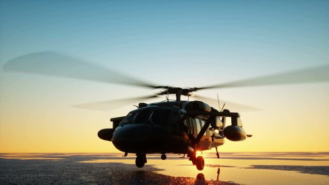 Military helicopter UH-60 Black hawk, wonderfull sunset. Realistic animation GI.