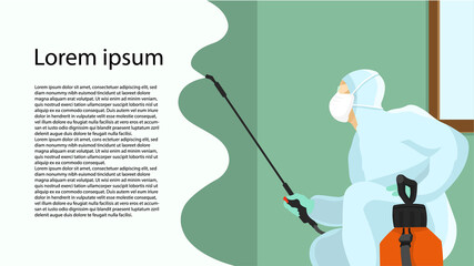 Horizontal banner with space for text. Man in protective suit, fumigator dress, pest control in hazmat suit. Disinfection concept. Flat vector illustration for viral diseases like coronavirus, sars.