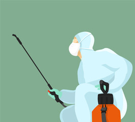 Horizontal banner with space for text. Man in protective suit, fumigator dress, pest control in hazmat suit. Disinfection concept. Flat vector illustration for viral diseases like coronavirus, sars.