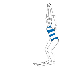 Woman in a bathing suit. Drawing of a swimmer in a swimsuit with diving fins and diving goggles. Summer, pool, beach.