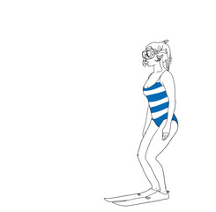 Woman in a bathing suit. Drawing of a swimmer in a swimsuit with diving fins and diving goggles. Summer, pool, beach.
