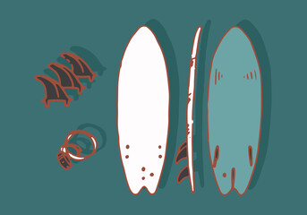 Surf elements on flat background. Isolated objects. Maritime sports. Fins, wrap straps and board.
