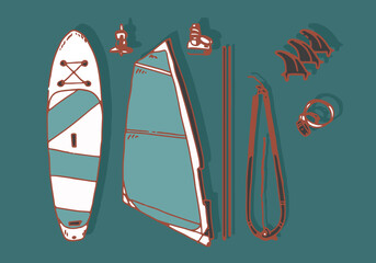 Wind surf elements on flat background. Isolated objects. Maritime sports. Fins, wrap straps, sail, board, boom, food straps, masts, and harness lines.