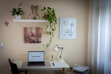 desk with laptop and chair in front, shelves with plants and on the right a window with a white curtain, home office